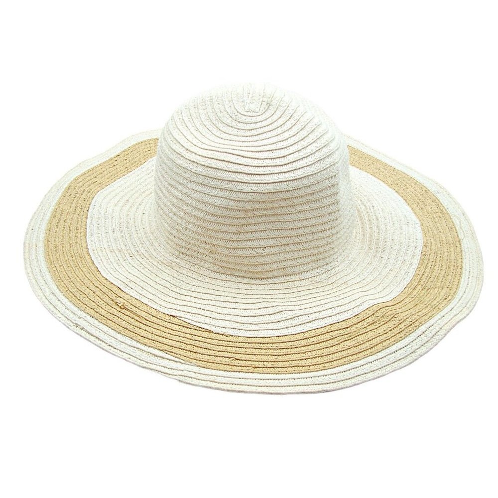 Womens Floppy Wide Brim Beach Straw Hat White Tan Gardening Sun Protection SPF